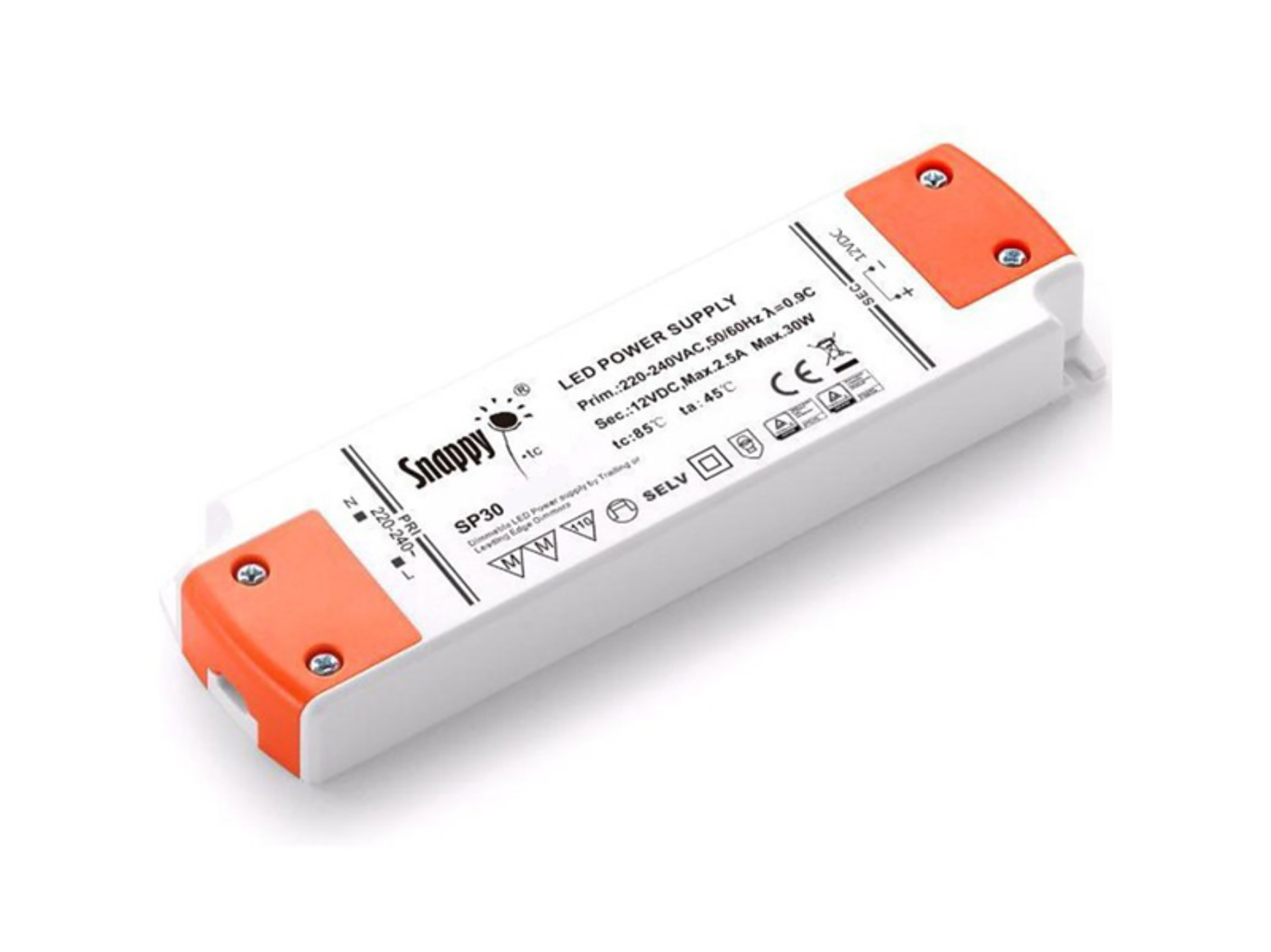 SP30-24VFT  SP; 30W; Constant Voltage Triac Dimmable PC LED Driver; 24VDC; 1.25A; Pf>0.9; TC:+85?; TA:45?; IP20; Effi >80%; Screw Connection; 3yrs Warranty.